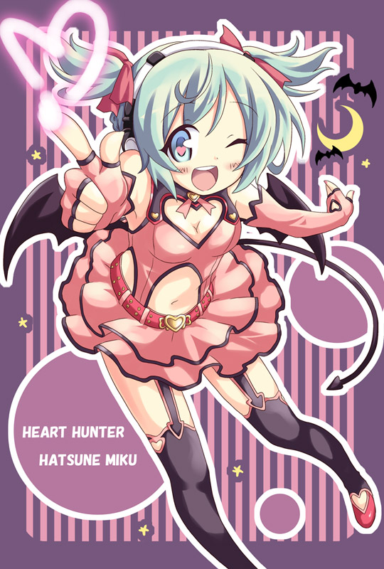 dekosuke, hatsune miku, hatsune miku (heart hunter), heart hunter, project diva, project diva (series), vocaloid, 1girl, aqua hair, bat wings, blue eyes, breasts, cleavage cutout, clothing cutout, elbow gloves, female focus, fingerless gloves, gloves, hair ribbon, headphones, heart, heart cutout, midriff, one eye closed, ribbon, short hair, smile, solo, tail, thighhighs, twintails, wings, wink, zettai ryouiki