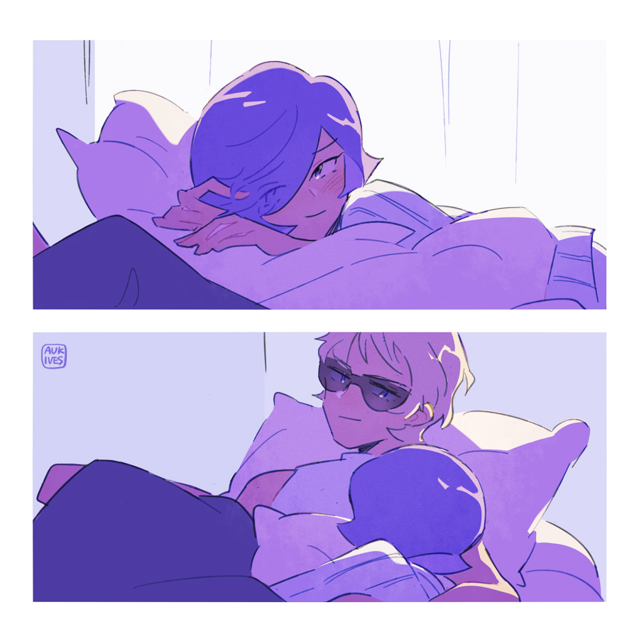 aukives, char aznable, garma zabi, gundam, mobile suit gundam the origin, bad id, bad pixiv id, 2boys, artist name, bed, blanket, blonde hair, blue eyes, blush, border, closed mouth, couple, eyes visible through hair, hand in own hair, looking at another, lying, male focus, multiple boys, multiple views, on back, on side, pajamas, pillow, purple eyes, purple hair, shared bed, shirt, short hair, sleeveless, sleeveless shirt, smile, sunglasses, under covers, white border, white shirt, yaoi