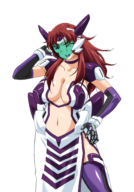 gan-chan (artist), hitozuma sentai aisaiger, game cg, large variant set, non-web source, official art, variant set, 1girl, adjusting hair, akanejima ranga, armor, breasts, brown hair, center opening, choker, cleavage, collarbone, cowboy shot, dress, elbow gloves, face shield, gloves, hand on own hip, headgear, large breasts, lipstick, long hair, magical girl, makeup, mecha musume, midriff, navel, one eye closed, parted bangs, pelvic curtain, purple eyes, purple gloves, purple lips, purple thighhighs, red hair, saiger orchid, shoulder armor, side slit, solo, standing, thighhighs, transparent background