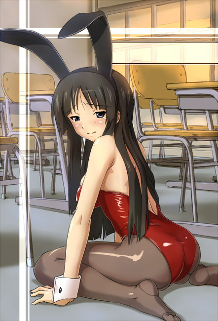 robi, akiyama mio, k-on!, 00s, 1girl, animal ears, black eyes, blue eyes, chair, classroom, desk, embarrassed, fake animal ears, feet, female focus, hairband, long hair, pantyhose, playboy bunny, rabbit ears, school, school desk, sitting, solo, table, tears, wariza, wrist cuffs