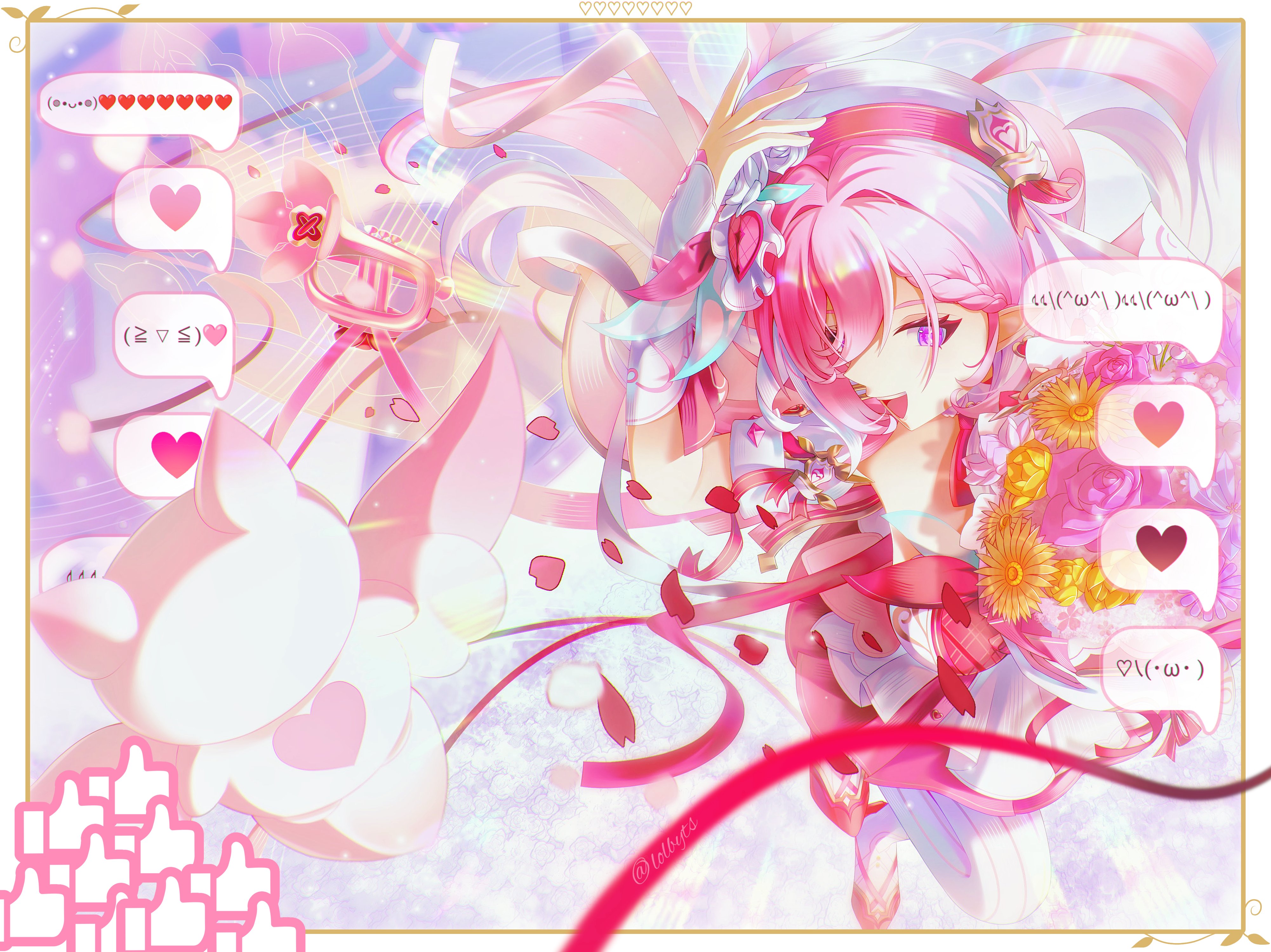 lolbyts, elysia (hi love elf) (honkai impact), elysia (honkai impact), honkai (series), honkai impact 3rd, absurdres, commentary, english commentary, highres, revision, > <, 1girl, arm up, border, breasts, dress, emoji, hair ornament, hat, heart, heart hair ornament, little messenger (honkai impact), looking at viewer, medium breasts, open mouth, pink hair, pink petals, pink theme, purple eyes, smile, solo, thumbs up, white border, white dress, white hat