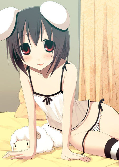 kujiran, inaba tewi, touhou, untied, 1girl, animal ears, bed, black hair, blush, camisole, female focus, flat chest, loli, lowleg, lowleg panties, panties, pillow, rabbit ears, red eyes, sheep, short hair, side-tie panties, solo, striped clothes, striped panties, striped thighhighs, stuffed animal, stuffed sheep, stuffed toy, thighhighs, underwear