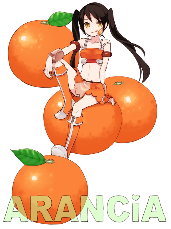 emdo (norabbit), arancia, original, 1girl, :p, bare shoulders, black hair, boots, character name, female focus, food, fruit, full body, knee boots, long hair, midriff, orange (fruit), orange skirt, sitting, skirt, solo, tongue, tongue out, twintails, white background, yellow eyes