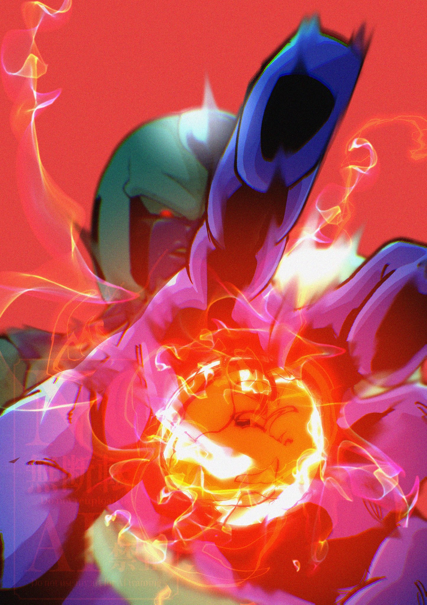 stktik09060906, cooler (dragon ball), fore, dragon ball, dragonball z, highres, 1boy, aura, blurry, blurry background, colored skin, hand focus, purple skin, red background, red eyes, simple background, solo, upper body