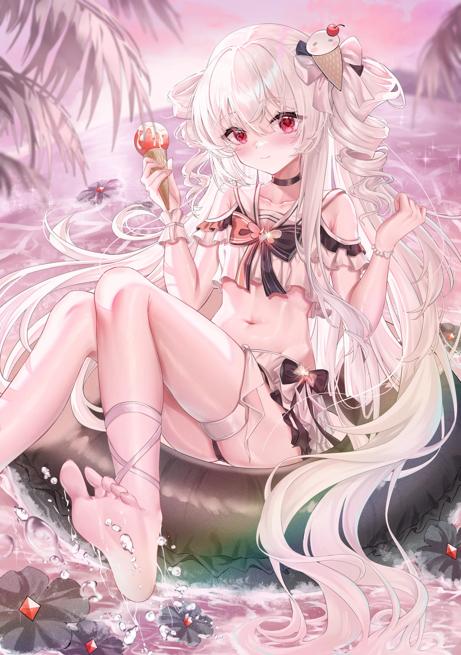 kordilia, chinese commentary, commentary request, highres, 1girl, bare shoulders, barefoot, bead bracelet, beads, bikini, black bow, black bowtie, black choker, blush, bow, bow bikini, bowtie, bracelet, breasts, choker, closed mouth, clothing cutout, collarbone, drill hair, feet, flower on liquid, food, food-themed hair ornament, frilled bikini, frills, gem, gradient sky, hair between eyes, hair bow, hair ornament, hands up, heart bracelet, holding, holding food, holding ice cream, ice cream, ice cream hair ornament, innertube, jewelry, legs, long hair, looking ahead, navel, ocean, on innertube, outdoors, palm tree, pink sky, red eyes, red gemstone, shoulder cutout, sitting, sky, small breasts, smile, soles, solo, sparkle, stomach, sunset, swim ring, swimsuit, thighs, tlipoca, toes, tree, twin drills, two side up, very long hair, water drop, wet, white bikini, white bow, white hair, wrist cuffs, yog-sothoth's yard