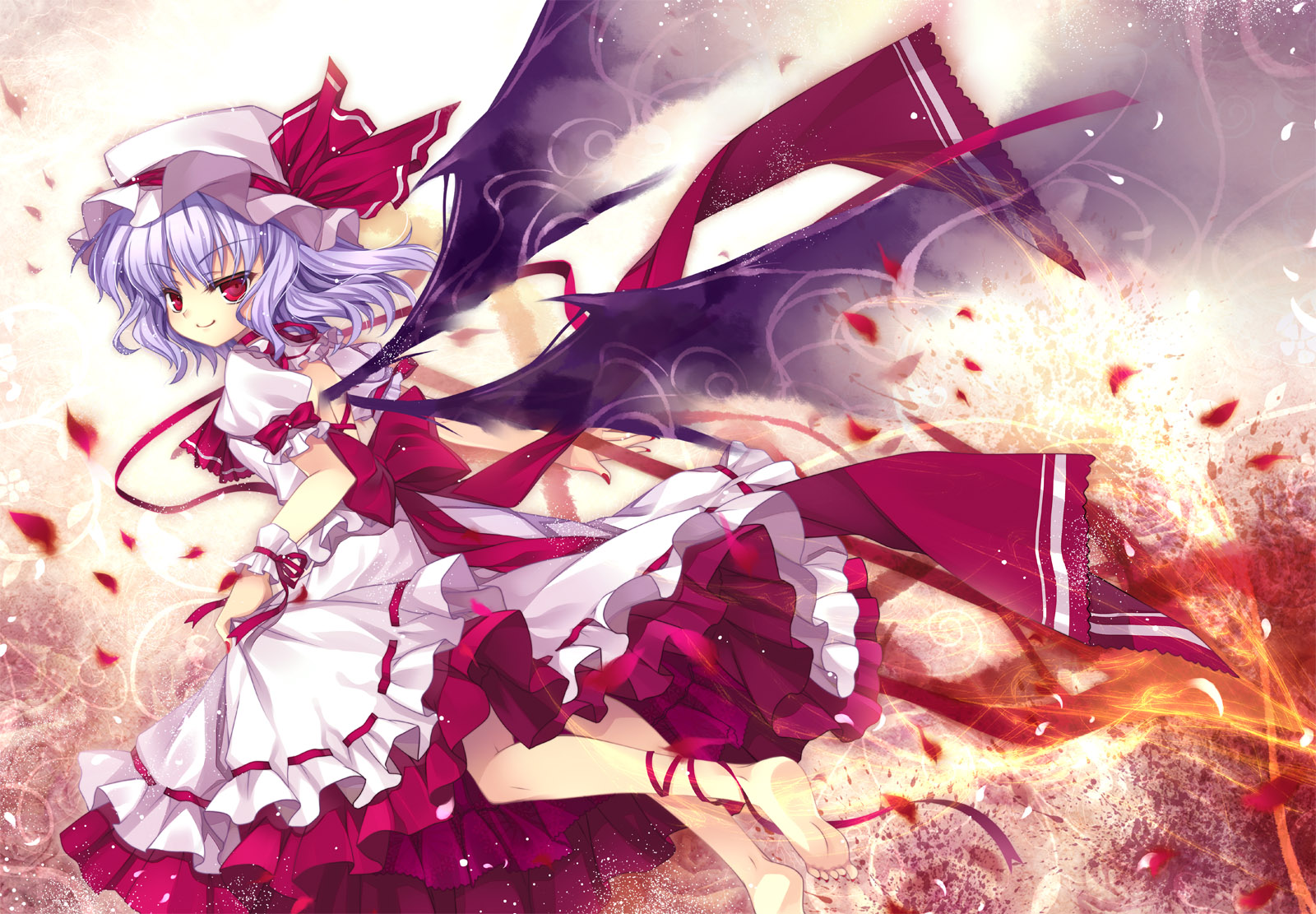 capura lin, remilia scarlet, touhou, light purple hair, highres, 1girl, ankle ribbon, ascot, back, bare back, barefoot, bat wings, blouse, blue hair, bow, clothes lift, fading, female focus, full body, hat, hat ribbon, leg ribbon, looking at viewer, looking back, mob cap, nail polish, petals, puffy short sleeves, puffy sleeves, red ascot, red bow, red eyes, red nails, red ribbon, red skirt, ribbon, ribbon-trimmed skirt, ribbon trim, sash, shirt, short hair, short sleeves, skirt, skirt lift, skirt set, smile, solo, white hat, white shirt, white skirt, wings, wrist cuffs