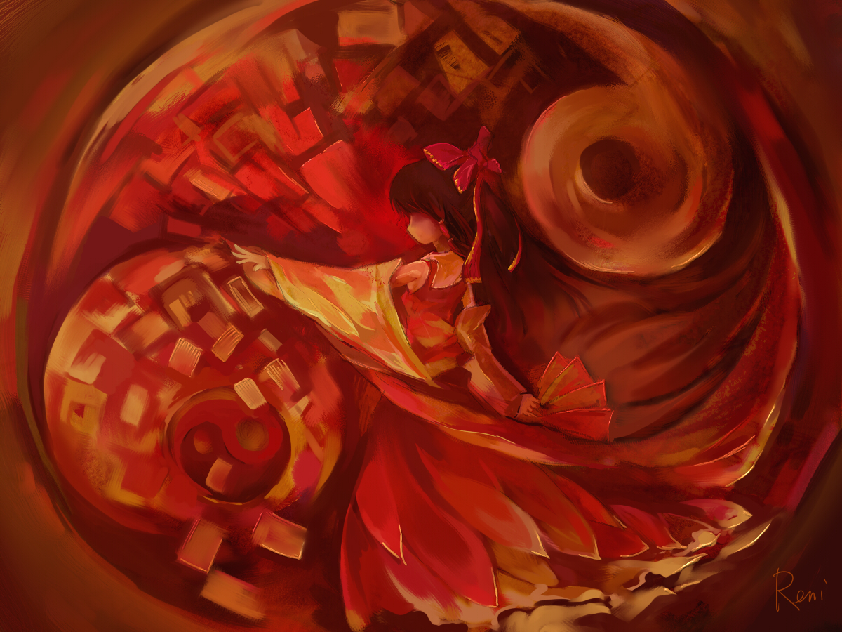 tsuuyakukan reni, hakurei reimu, touhou, bad id, bad pixiv id, 1girl, bow, brown hair, detached sleeves, female focus, hair bow, hair ribbon, japanese clothes, miko, ofuda, profile, ribbon, solo, yin yang