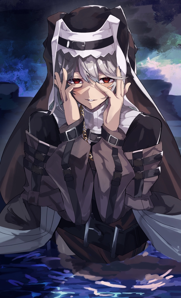 80illu, specter (arknights), arknights, 1girl, black dress, black hat, dress, grey hair, hat, long hair, looking at viewer, nun, partially submerged, red eyes, shark girl, sharp teeth, solo, teeth