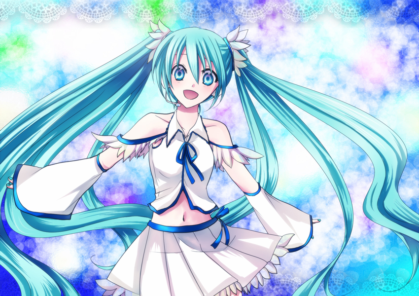 soudou, hatsune miku, vocaloid, bad id, bad pixiv id, aqua eyes, aqua hair, detached sleeves, headset, long hair, midriff, skirt, solo, twintails, very long hair