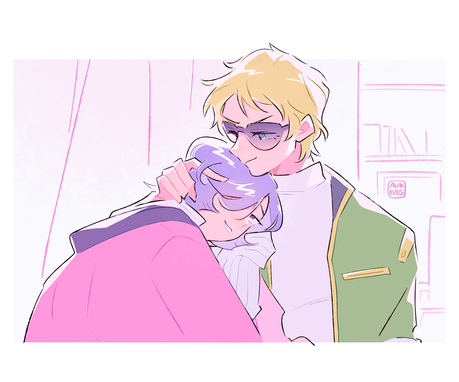 aukives, char aznable, garma zabi, gundam, mobile suit gundam the origin, bad id, bad pixiv id, 2boys, artist name, blonde hair, blue eyes, bookshelf, closed mouth, green jacket, grin, hand in another's hair, indoors, jacket, jacket on shoulders, looking at another, looking up, male focus, multiple boys, purple eyes, purple hair, shirt, short hair, smile, sunglasses, turtleneck, upper body, white shirt, yaoi