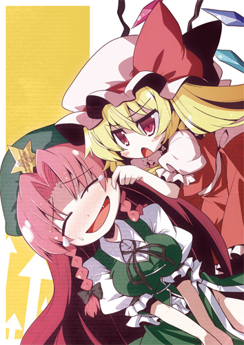 akaneya, flandre scarlet, hong meiling, embodiment of scarlet devil, touhou, bad id, bad pixiv id, jpeg artifacts, lowres, 2girls, annoyed, blonde hair, braid, breasts, cheek pinching, closed eyes, female focus, hat, long hair, multiple girls, neck ribbon, one side up, pinching, red eyes, red hair, ribbon, side ponytail, skirt, tears, twin braids, v arms, wings