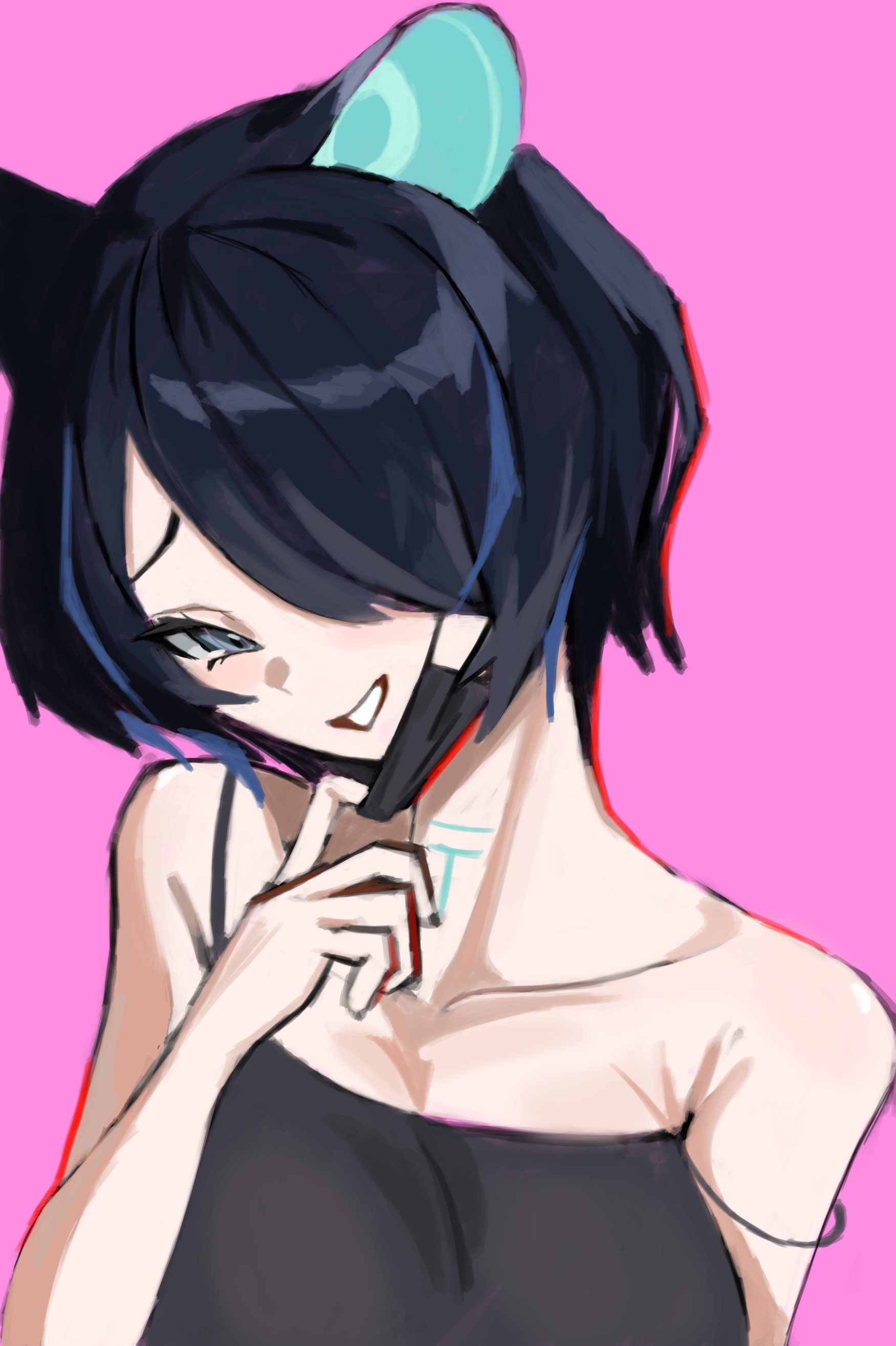 gogibahp, erina makina, phase connect, 1girl, black hair, blue eyes, blue hair, breasts, large breasts, mask, tank top, virtual youtuber