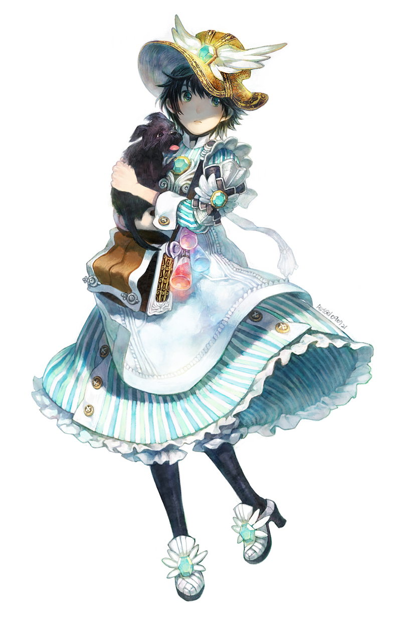 hakou (barasensou), dorothy gale, toto (the wizard of oz), the wizard of oz, striped, highres, 1girl, bag, black hair, bloomers, dog, dress, green eyes, hat, high heels, holding, jewelry, pantyhose, shoes, short hair, underwear