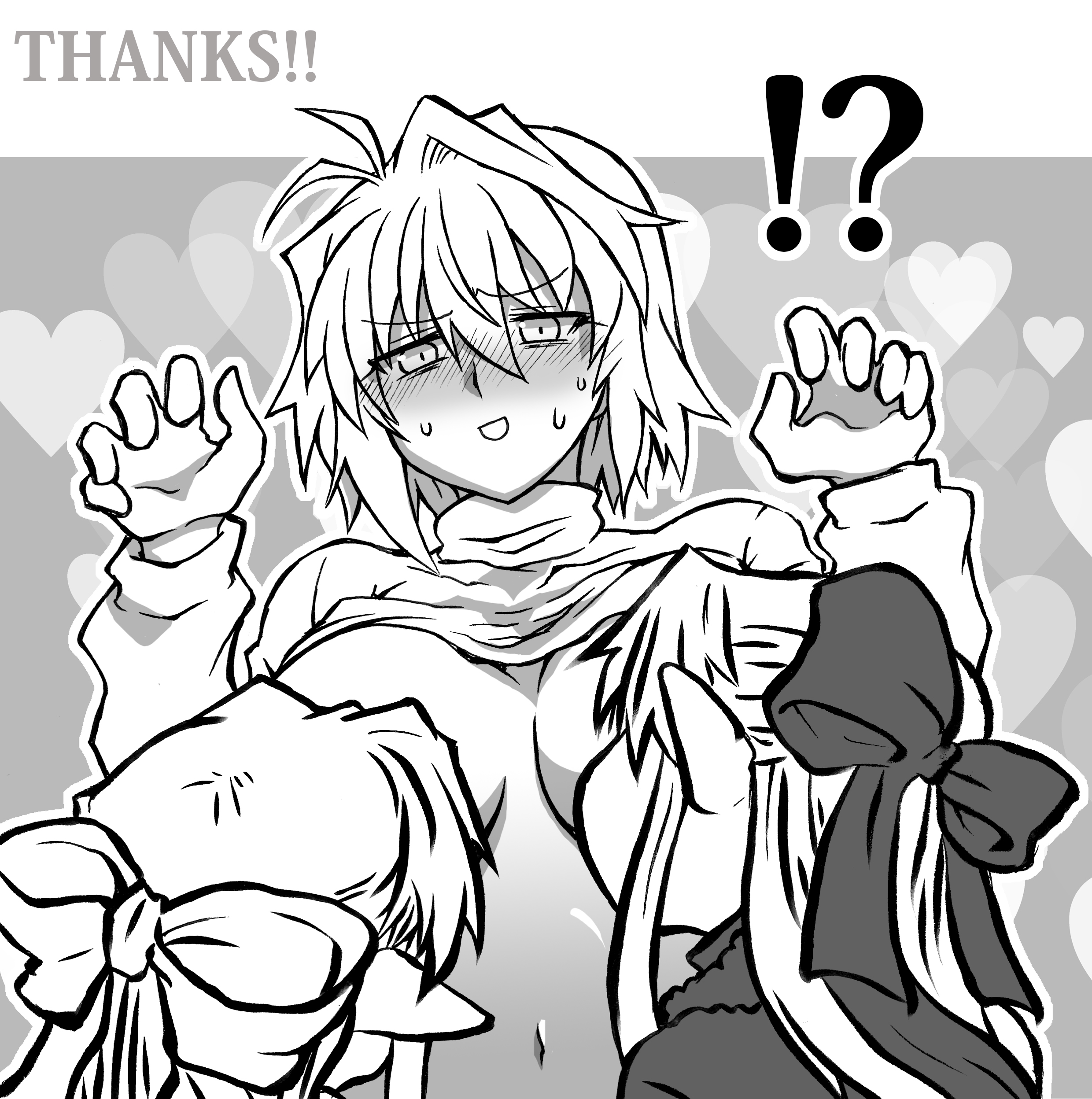 tententensan, arcueid brunestud, len (tsukihime), white len (tsukihime), tsukihime, absurdres, highres, !?, 3girls, ahoge, alternate breast size (larger), black bow, black capelet, blush, bow, breast sucking, breasts, capelet, closed eyes, hair intakes, heart, large breasts, long hair, looking at another, monochrome, multiple girls, pointy ears, short hair, sweat, sweater, turtleneck, turtleneck sweater, upper body, white bow, yuri