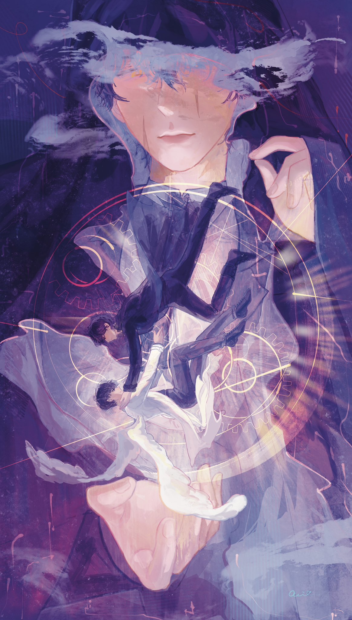 kim dokja, secretive plotter, yoo joonghyuk, omniscient reader's viewpoint, highres, 3boys, black coat, black eyes, black hair, censored, censored identity, cloak, coat, dual persona, floating, fog, gears, hand on another's shoulder, heterochromia, hood, hood up, hooded cloak, male focus, mini person, miniboy, multiple boys, open clothes, open coat, outstretched hand, qeis room, reaching, reaching towards another, scar, scar across eye, scar on face, short hair, white coat, yellow eyes