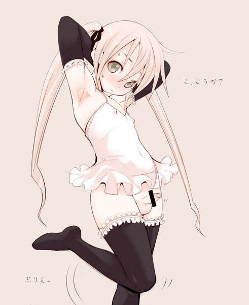 gere, resized, androgynous, armpits, blush, camisole, censored, covered erect nipples, crossdressing, elbow gloves, foreskin, frills, gloves, lingerie, long hair, no panties, penis, pink hair, pixiv thumbnail, pointless censoring, shota, simple background, thighhighs, twintails, underwear