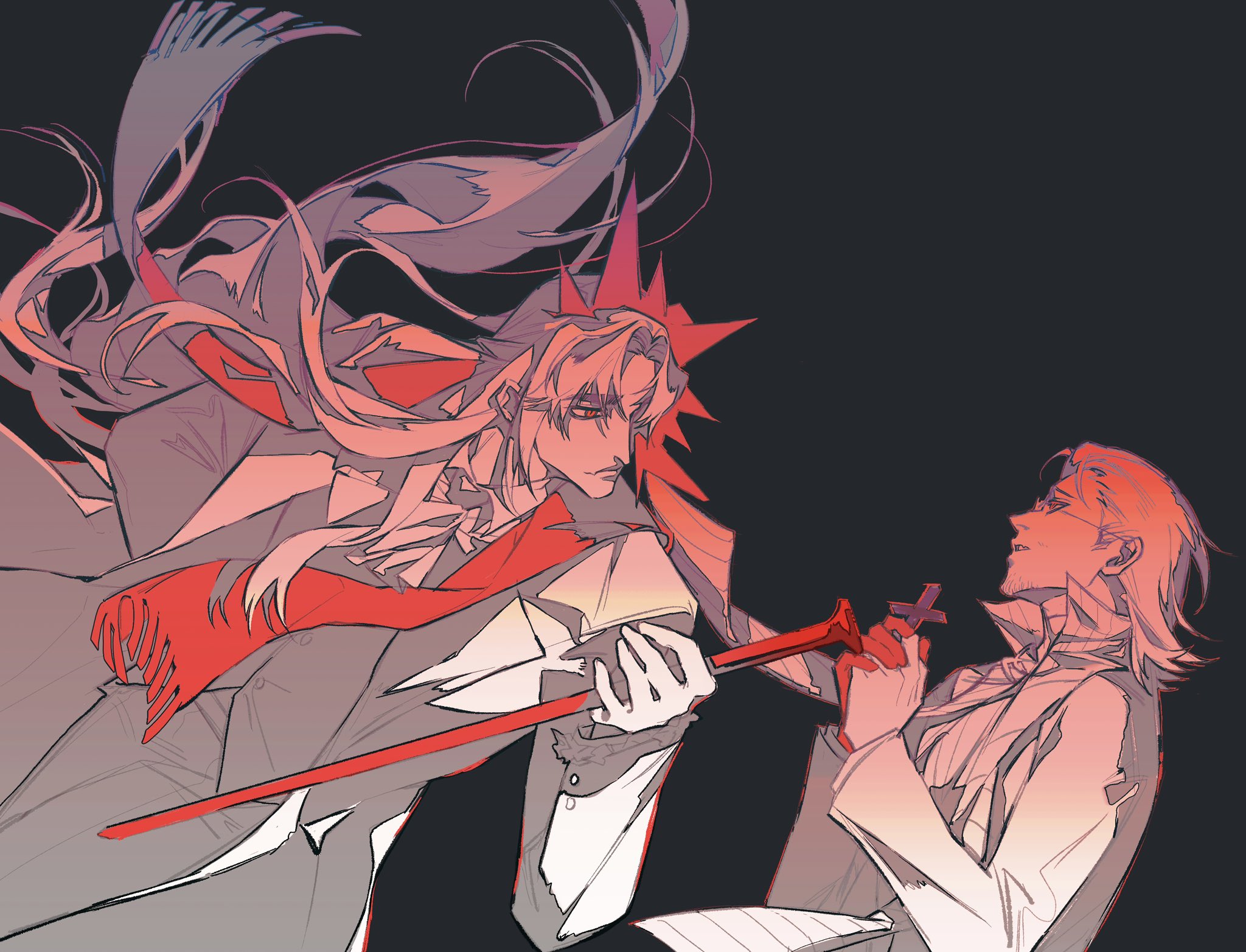 jing84672940, gregor (project moon), meursault (project moon), limbus company, project moon, highres, 2boys, beard stubble, collared shirt, colored extremities, cross, curtained hair, facial hair, falling, fringe trim, glasses, growing out of body, hair slicked back, hand in pocket, holding, holding cross, holding staff, jacket, la manchaland (identity) (project moon), long hair, looking at another, male focus, mullet, multiple boys, official alternate costume, open clothes, open jacket, parted lips, red eyes, red hands, red scarf, scarf, shirt, staff, stole, striped clothes, striped shirt, stubble, very long hair