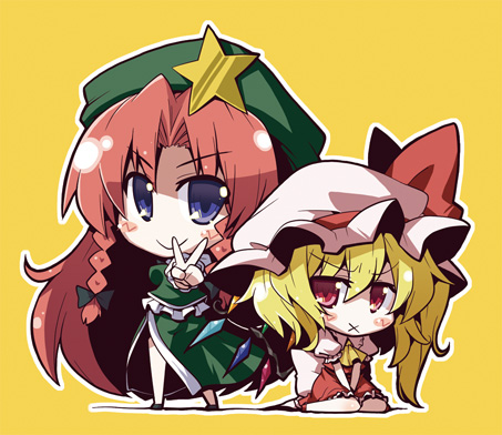 akaneya, flandre scarlet, hong meiling, embodiment of scarlet devil, touhou, bad id, bad pixiv id, lowres, 2girls, blonde hair, blue eyes, braid, chibi, female focus, full body, hat, multiple girls, red eyes, red hair, simple background, skirt, v, x mouth