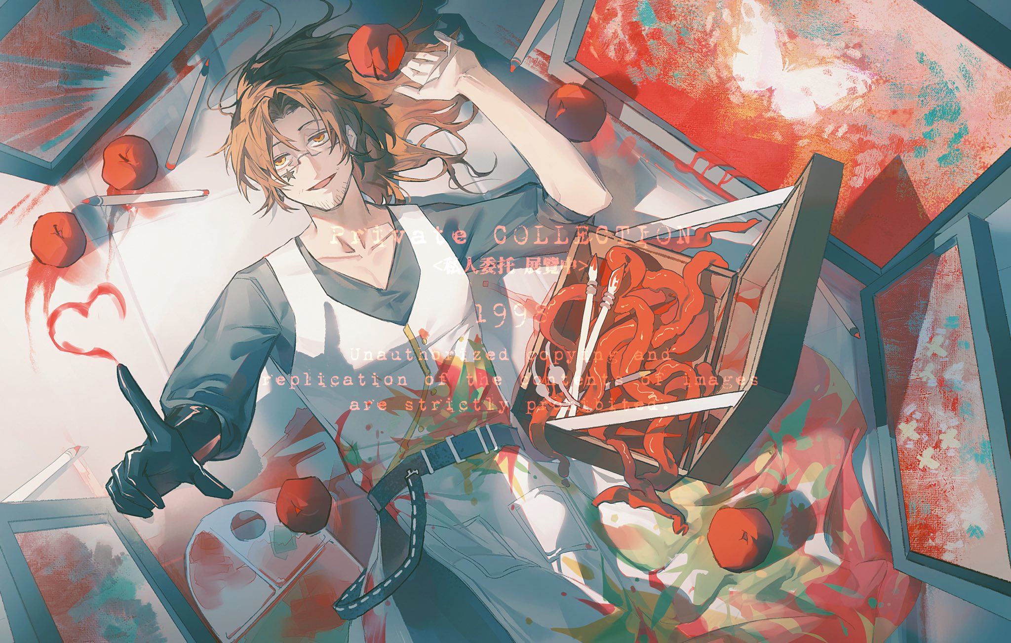 jing84672940, gregor (project moon), limbus company, project moon, highres, 1boy, alternate costume, apple, apron, black shirt, blood, blood splatter, broken glass, brown eyes, brown hair, canvas (object), cigarette, curtained hair, facial mark, feet out of frame, food, from above, fruit, glass, head tilt, index finger raised, intestines, low ponytail, lying, male focus, on back, on ground, open box, open mouth, organs, paint palette, paint splatter, ponytail, prosthesis, prosthetic arm, ring (identity) (project moon), shirt, sleeves rolled up, solo, star (symbol), star facial mark, towel, white apron