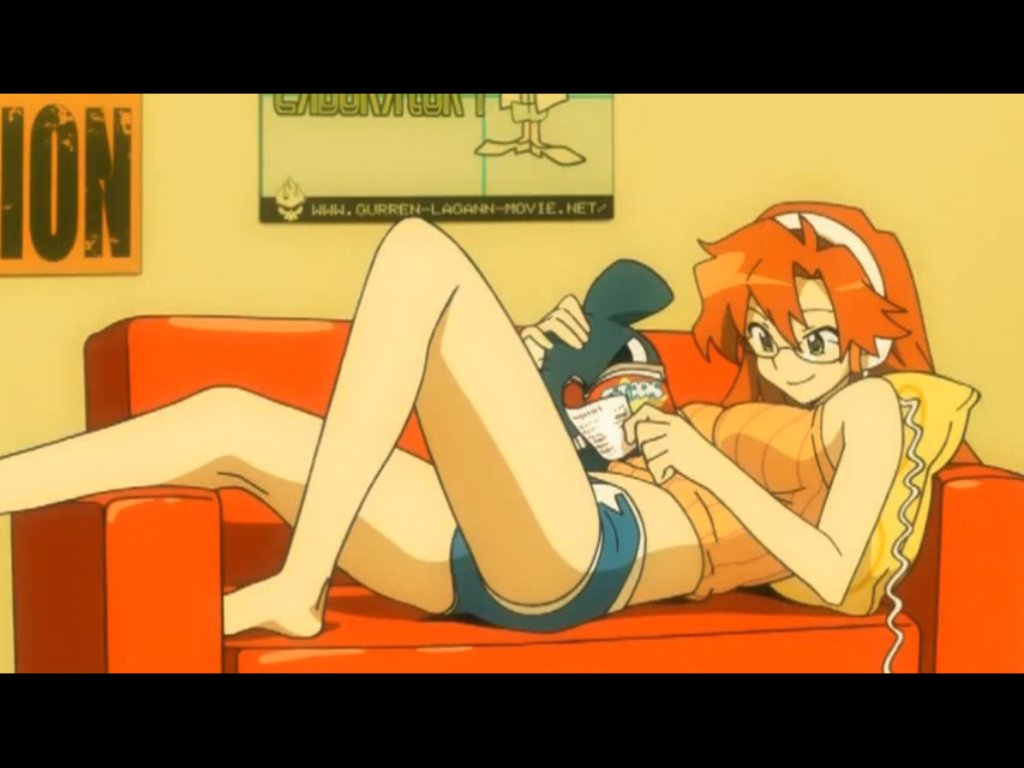yoko littner, tengen toppa gurren lagann, ad, jpeg artifacts, 00s, barefoot, book, couch, glasses, gym shorts, headphones, long hair, lying, midriff, open book, pillow, reading, red hair, smile, stuffed animal, stuffed toy, yellow eyes