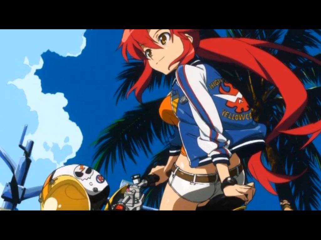 yoko littner, tengen toppa gurren lagann, vehicle, jpeg artifacts, 00s, arm support, belt, cloud, jacket, long hair, midriff, motor vehicle, motorcycle, ponytail, red hair, shorts, sitting, sky, smile, tree, watch, wristwatch, yellow eyes