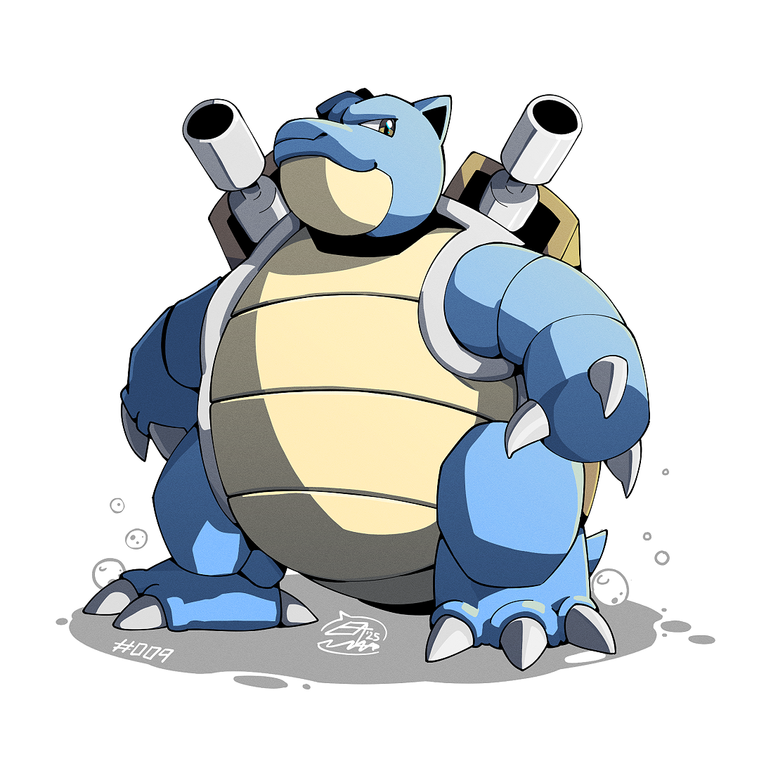 mistray-art, blastoise, nintendo, pokemon, clip studio paint (medium), bubble, claws, full body, gen 1 pokemon, looking at viewer, no humans, numbered, pokemon (creature), signature, simple background, solo, standing, white background