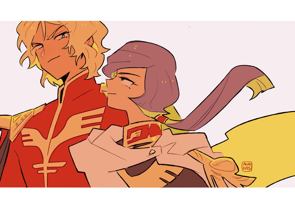 aukives, char aznable, garma zabi, char's counterattack, gundam, gundam gihren no yabou, bad id, bad pixiv id, artist name, blonde hair, blue eyes, border, cape, closed mouth, epaulettes, grey jacket, high collar, jacket, long hair, looking at another, low ponytail, male focus, military rank insignia, military uniform, neo zeon, ponytail, purple hair, red jacket, science fiction, short hair, shoulder boards, simple background, smile, upper body, white background, white border, white cape, zeon