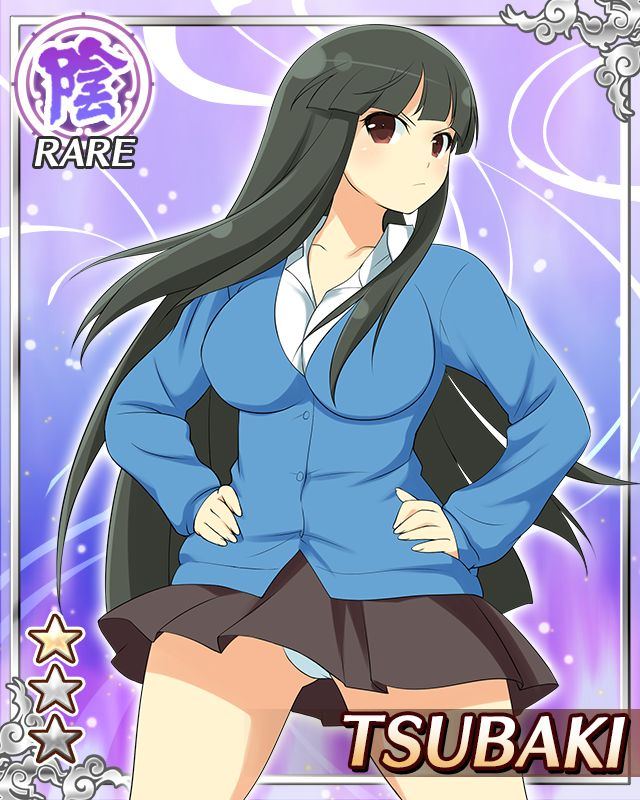 tsubaki (senran kagura), senran kagura, senran kagura new wave, game cg, official art, 1girl, black hair, black skirt, blue sweater, border, breasts, card (medium), character name, closed mouth, english text, hands on own hips, head tilt, hime cut, large breasts, light frown, long hair, looking at viewer, official alternate costume, panties, pantyshot, red eyes, shirt, skirt, solo, sweater, underwear, white shirt, wind, wind lift
