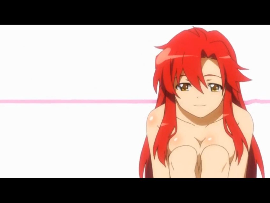 yoko littner, tengen toppa gurren lagann, jpeg artifacts, 00s, breasts, cleavage, hugging own legs, long hair, nude, red hair, smile, yellow eyes