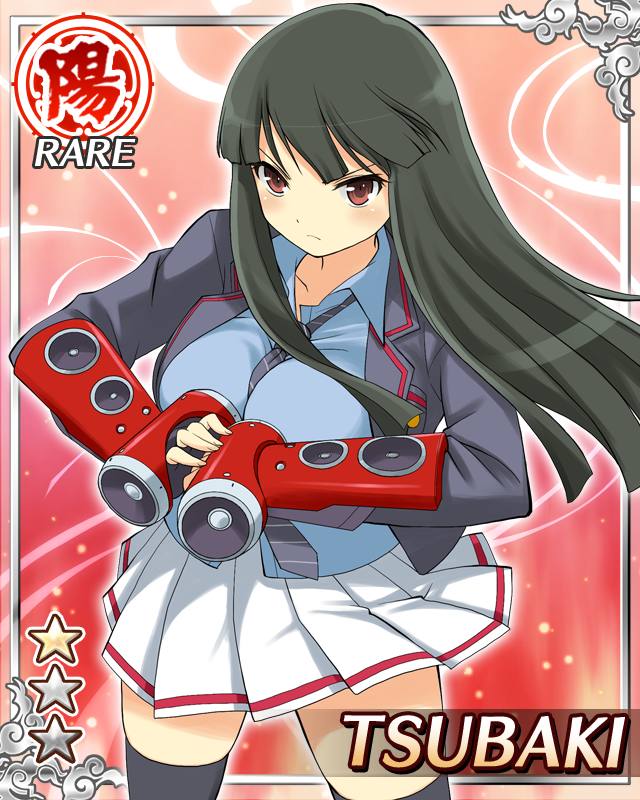 tsubaki (senran kagura), senran kagura, senran kagura new wave, game cg, official art, 1girl, between breasts, black hair, black jacket, black necktie, blue shirt, border, breasts, card (medium), character name, diagonal-striped clothes, diagonal-striped necktie, english text, fist in hand, gauntlets, hime cut, jacket, large breasts, light frown, long hair, looking at viewer, necktie, necktie between breasts, official alternate costume, open clothes, open jacket, pleated skirt, red eyes, school uniform, shirt, skirt, solo, speaker, striped clothes, weaponized instrument, white skirt, wind, wind lift