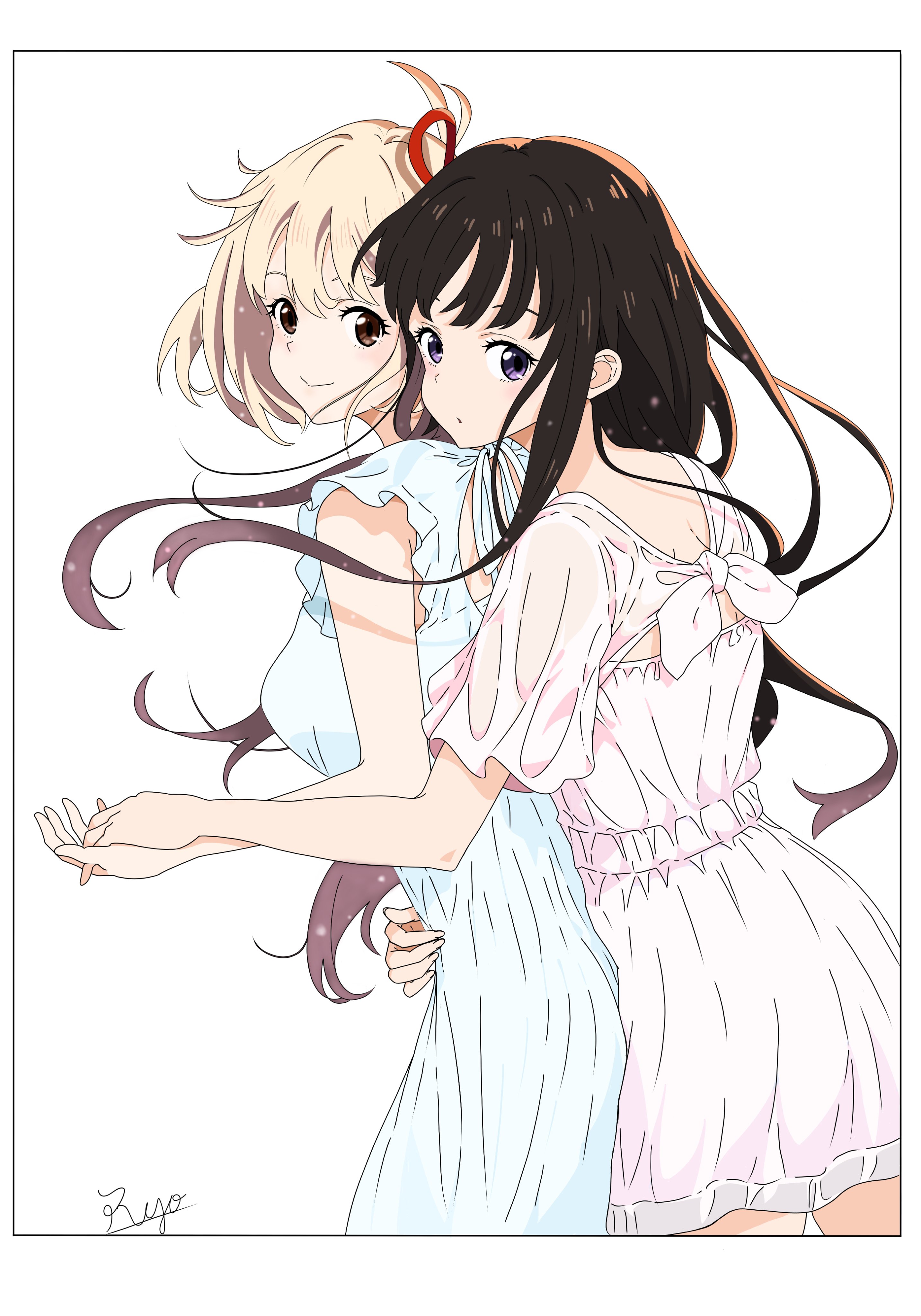 inoue takina, nishikigi chisato, lycoris recoil, absurdres, highres, 2girls, black hair, blonde hair, border, breasts, closed mouth, dress, hair ribbon, holding hands, hug, hug from behind, iganin r, long hair, multiple girls, purple eyes, red eyes, red ribbon, ribbon, short hair, short sleeves, signature, simple background, sleeveless, smile, white background, yuri