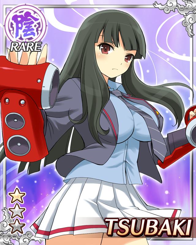 tsubaki (senran kagura), senran kagura, senran kagura new wave, game cg, official art, 1girl, black hair, black jacket, black necktie, blue shirt, border, breasts, bridal gauntlets, card (medium), character name, cleavage, closed mouth, diagonal-striped clothes, diagonal-striped necktie, english text, hime cut, jacket, large breasts, light frown, long hair, necktie, official alternate costume, open clothes, open jacket, pleated skirt, red eyes, school uniform, shirt, skirt, solo, speaker, striped clothes, weaponized instrument, white skirt