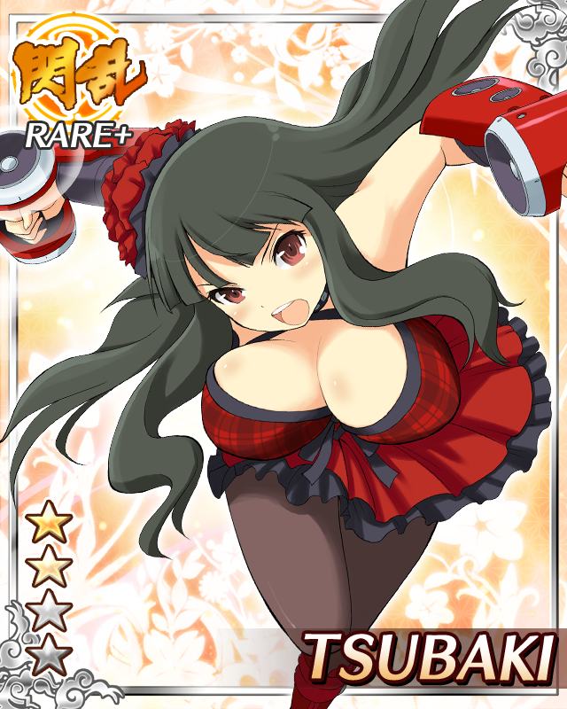 tsubaki (senran kagura), senran kagura, senran kagura new wave, game cg, official art, 1girl, black hair, black pantyhose, border, bouncing breasts, breasts, card (medium), character name, cleavage, dress, english text, flower, gauntlets, hair flower, hair ornament, hime cut, large breasts, long hair, official alternate costume, open mouth, pantyhose, red dress, red eyes, solo, speaker, weaponized instrument