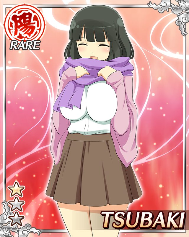tsubaki (senran kagura), senran kagura, senran kagura new wave, game cg, official art, 1girl, arms up, black hair, blush, border, breasts, brown skirt, card (medium), cardigan, character name, closed eyes, english text, hime cut, large breasts, long hair, official alternate costume, open cardigan, open clothes, pink sweater, pleated skirt, purple scarf, scarf, shirt, shirt tucked in, skirt, smile, solo, sweater, white shirt