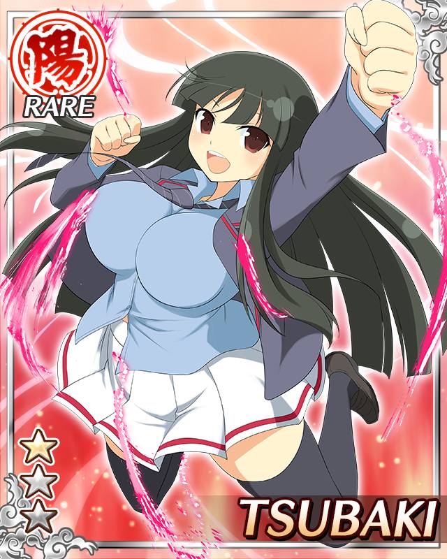 tsubaki (senran kagura), senran kagura, senran kagura new wave, game cg, official art, 1girl, black hair, black jacket, black necktie, black thighhighs, blue shirt, border, breasts, card (medium), character name, clenched hands, diagonal-striped clothes, diagonal-striped necktie, english text, hime cut, jacket, jumping, large breasts, light blush, long hair, looking at viewer, midair, necktie, official alternate costume, open clothes, open jacket, open mouth, pleated skirt, raised fist, red eyes, school uniform, shirt, skirt, smile, solo, striped clothes, thighhighs, white skirt