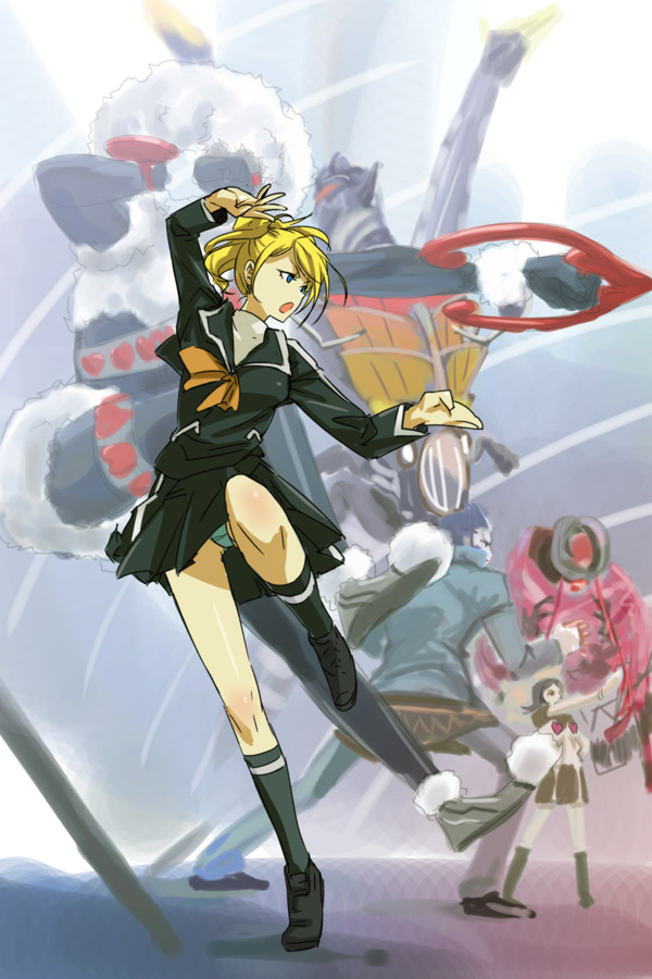 michael f91, amano maya, eros (persona 2), lisa silverman, mishina eikichi, atlus, persona, persona 2, persona 2 tsumi, 1boy, 2girls, blonde hair, blue eyes, fighting stance, kung fu, martial arts, multiple girls, school uniform, upskirt