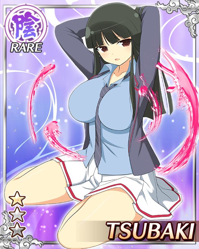 tsubaki (senran kagura), senran kagura, senran kagura new wave, game cg, official art, 1girl, arms behind head, aura, between breasts, black hair, black jacket, black necktie, blue shirt, border, breasts, card (medium), character name, diagonal-striped clothes, diagonal-striped necktie, english text, hime cut, jacket, large breasts, long hair, looking at viewer, necktie, necktie between breasts, official alternate costume, open clothes, open jacket, open mouth, pleated skirt, red eyes, school uniform, shirt, sitting, skirt, solo, striped clothes, wariza, white skirt