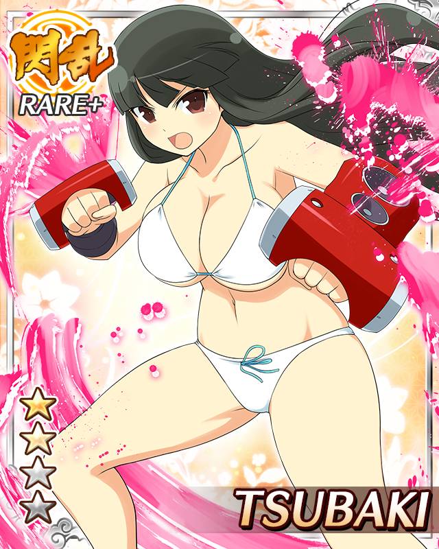 tsubaki (senran kagura), senran kagura, senran kagura new wave, game cg, official art, 1girl, aura, bikini, black hair, border, breasts, card (medium), character name, cleavage, clenched hands, english text, fighting stance, gauntlets, hime cut, large breasts, long hair, navel, official alternate costume, open mouth, red eyes, shouting, skindentation, solo, speaker, swimsuit, weaponized instrument, white bikini