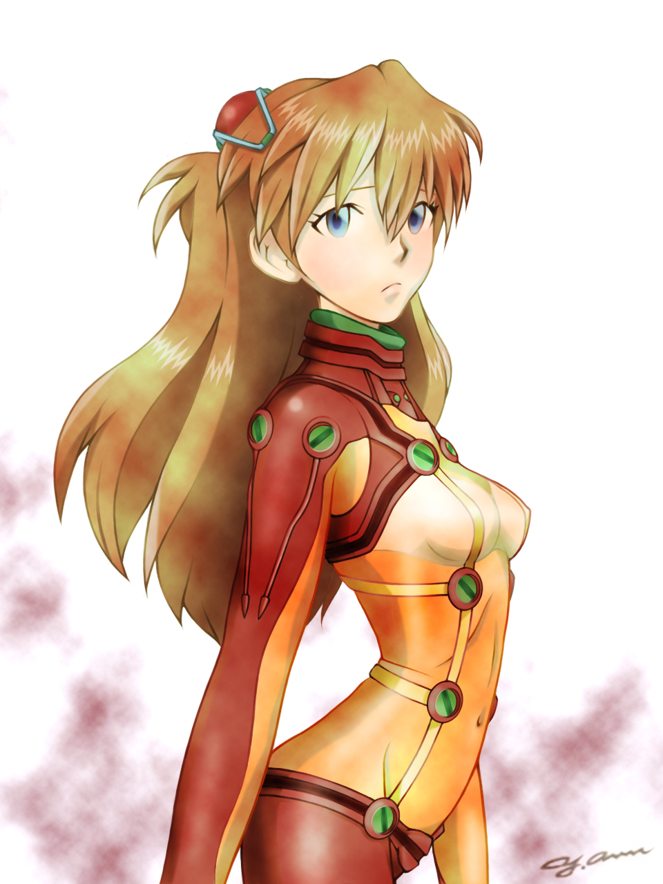 ann yosh, souryuu asuka langley, neon genesis evangelion, rebuild of evangelion, highres, 00s, 1girl, blue eyes, bodysuit, breasts, cleavage, female focus, long hair, mecha pilot suit, plugsuit (evangelion), see-through cleavage, see-through clothes, solo, test plugsuit (evangelion)