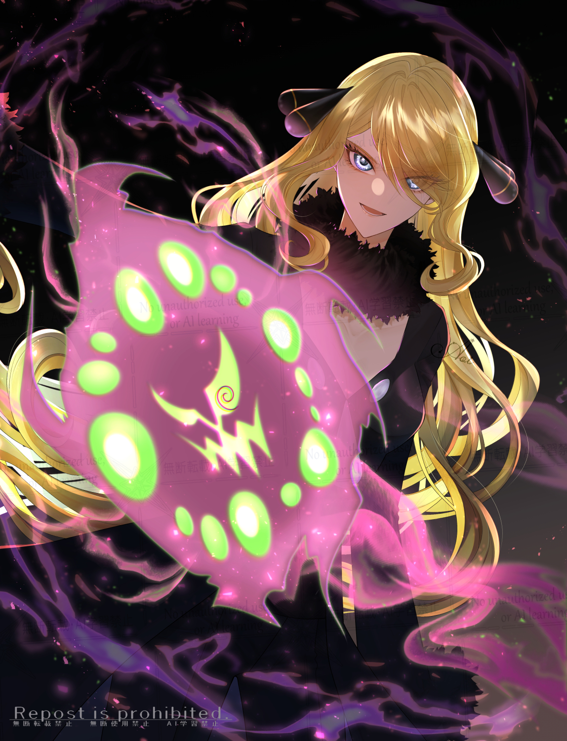 sakaralalala, cynthia (pokemon), spiritomb, nintendo, pokemon, pokemon dppt, bad id, bad twitter id, highres, 1girl, black background, black coat, black pants, black shirt, blonde hair, breasts, cleavage, coat, cowboy shot, eyes visible through hair, gen 4 pokemon, ghost, grey eyes, hair over one eye, long hair, medium breasts, pants, pokemon (creature), shirt, simple background, very long hair, watermark