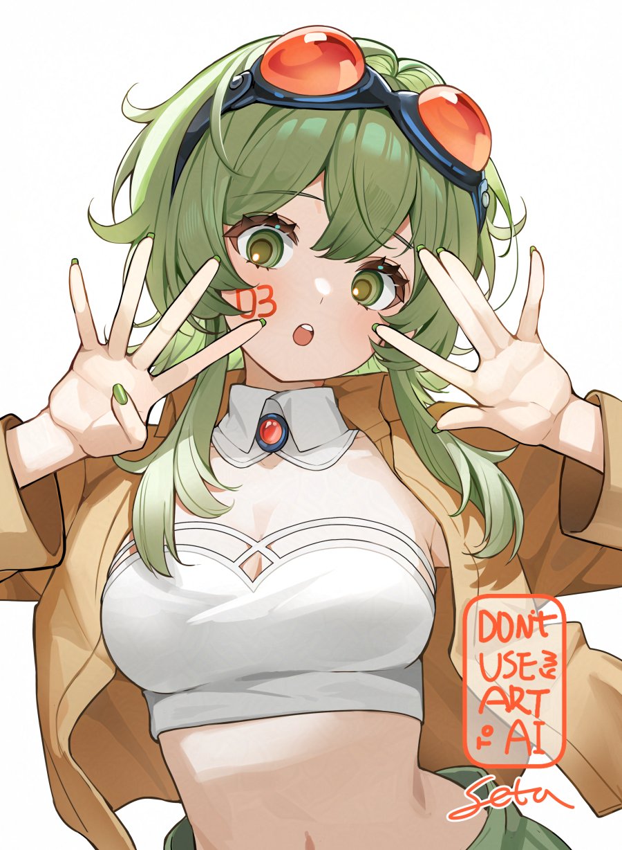 i setastar, gumi, vocaloid, highres, 1girl, :o, blush, breasts, brown jacket, cleavage, detached collar, facepaint, fingernails, goggles, goggles on head, green eyes, green hair, green nails, jacket, long fingernails, long sleeves, looking at viewer, medium breasts, medium hair, midriff, nail polish, open clothes, open jacket, open mouth, simple background, solo, strapless, teeth, tube top, upper body, upper teeth only, white background