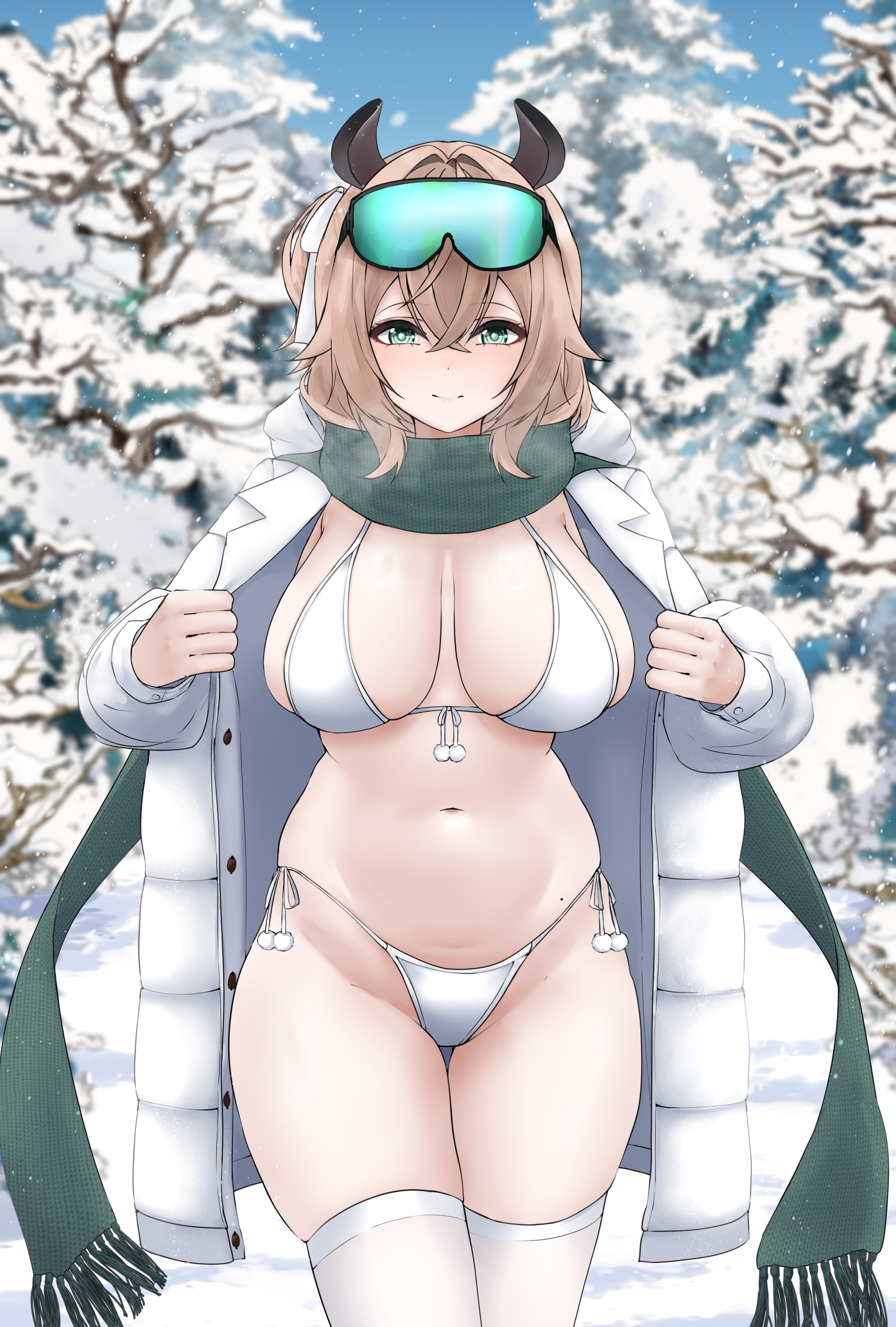 aidoruhakase, nimi nightmare, indie virtual youtuber, absurdres, highres, 1girl, animal ears, bikini, blush, breasts, breath, brown hair, coat, cowboy shot, green eyes, green scarf, large breasts, open clothes, open coat, outdoors, scarf, snow, solo, swimsuit, tapir ears, thighhighs, virtual youtuber, white bikini, white coat, white thighhighs