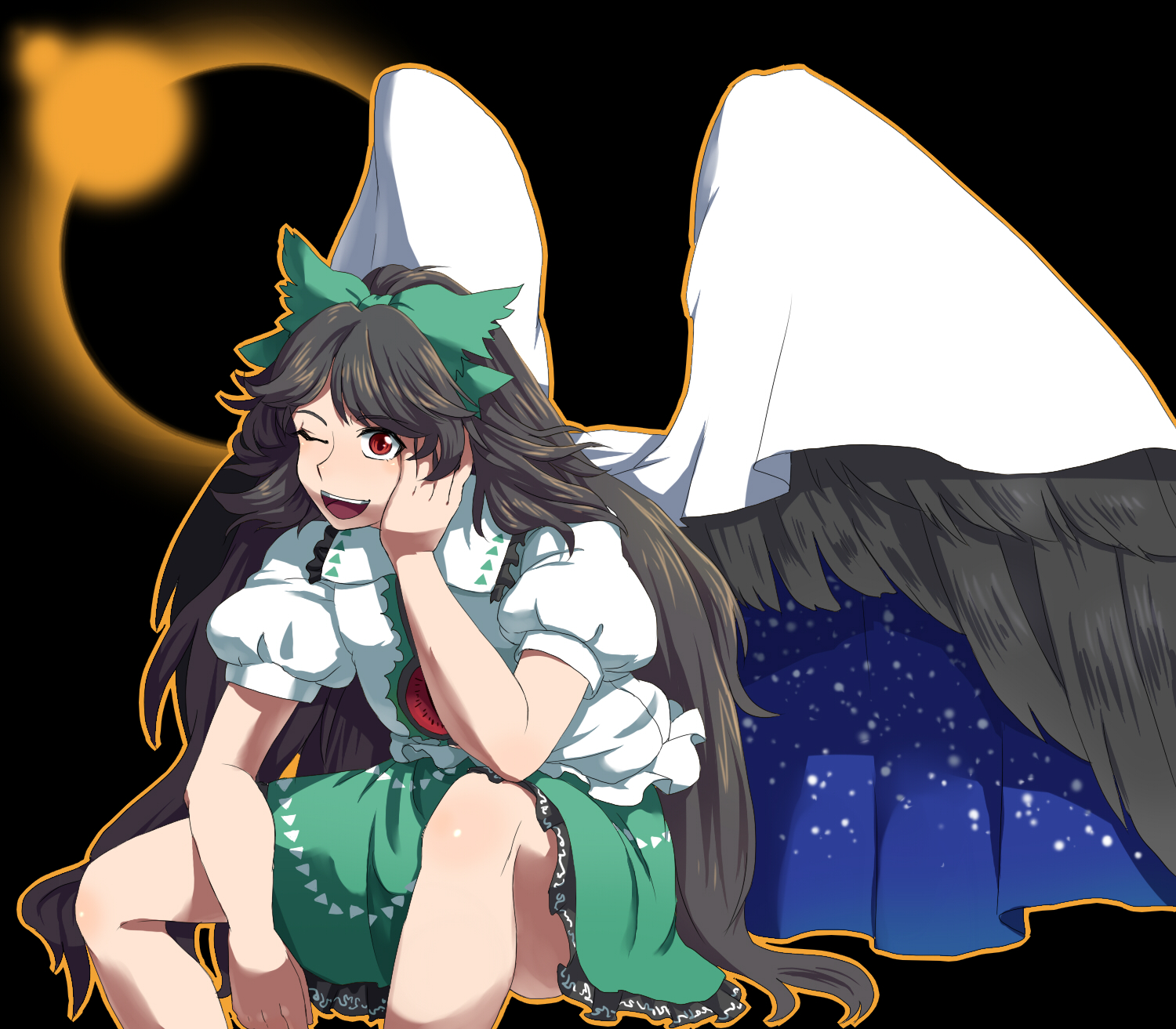mizu mochi, reiuji utsuho, touhou, bad id, bad pixiv id, highres, 1girl, black hair, black wings, bow, female focus, long hair, one eye closed, red eyes, solo, wings, wink