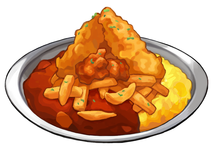 nintendo, pokemon, pokemon swsh, artist request, game cg, official art, third-party source, curry, curry rice, food, food focus, french fries, fried food, garnish, no humans, plate, rice, transparent background