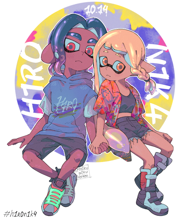 ariamikukanzaki, nintendo, splatoon (series), splatoon 3, commentary, english commentary, 1boy, 1girl, black tank top, blonde hair, blue hair, blue hoodie, boots, braid, couple, dark-skinned male, dark skin, eyebrow cut, frown, hashtag, hetero, hirooooo (splatoon), holding hands, hood, hoodie, inkling, interracial, long hair, midriff, multicolored hair, octoling, orange eyes, pointy ears, purple hair, red eyes, shoes, short shorts, short sleeves, shorts, side braid, signature, sitting, sneakers, tank top, tentacle hair, torn clothes, torn shorts, veronika (splatoon)