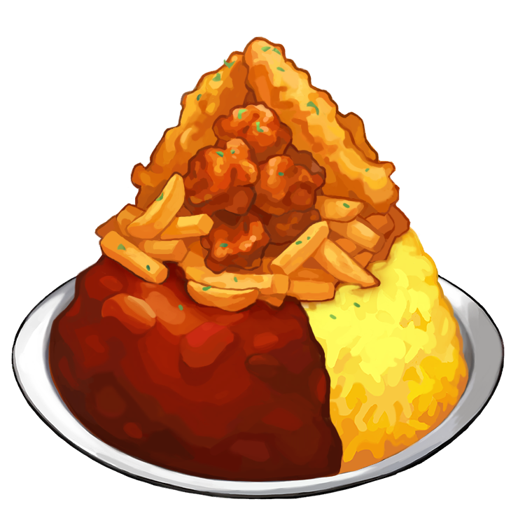 nintendo, pokemon, pokemon swsh, artist request, game cg, official art, third-party source, curry, curry rice, food, food focus, french fries, fried food, garnish, no humans, plate, rice, transparent background