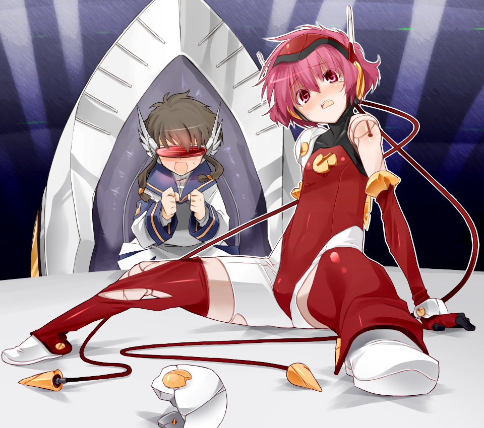 aka ume, hikaru (angelic layer), suzuhara misaki, angelic layer, visor, 2girls, blush, brown hair, doll, doll joints, elbow gloves, gloves, heads-up display, help, joints, leotard, low-tied sidelocks, multiple girls, open mouth, pink eyes, red hair, red leotard, robot ears, school uniform, sidelocks, tears, thighhighs, torn clothes, user interface