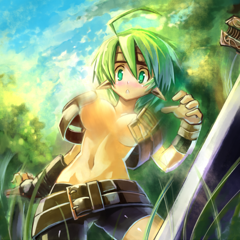 edobox, female warrior (disgaea), warrior (disgaea), disgaea, 1girl, ahoge, belt, belt bra, belt skirt, bike shorts, breasts, bursting breasts, female focus, green eyes, green hair, matching hair/eyes, pointy ears, solo, wardrobe malfunction