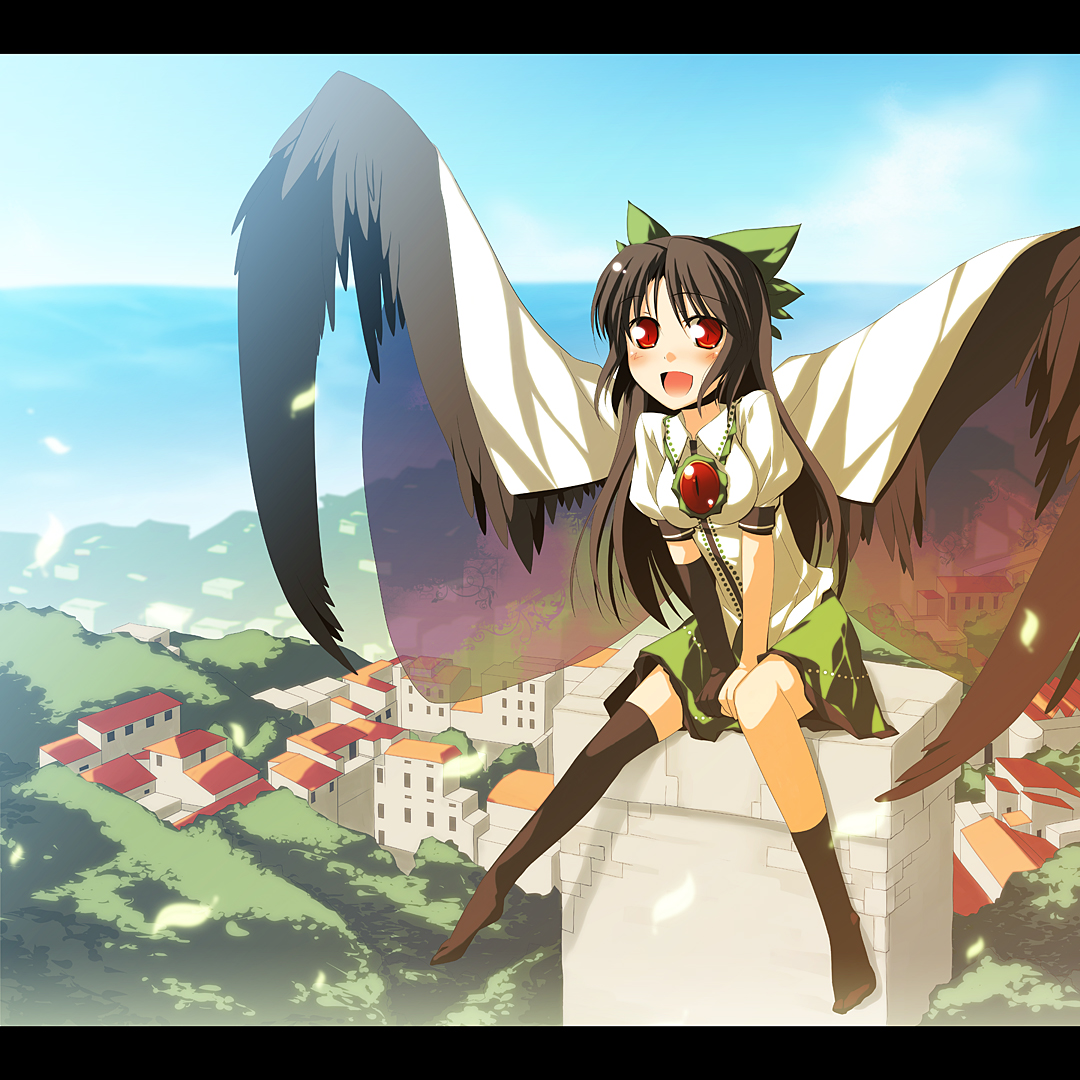 nu (plastic eraser), reiuji utsuho, touhou, 1girl, asymmetrical clothes, black hair, black wings, bow, elbow gloves, female focus, gloves, hair bow, letterboxed, long hair, nature, outdoors, red eyes, single glove, single thighhigh, sitting, sky, socks, solo, thighhighs, wings