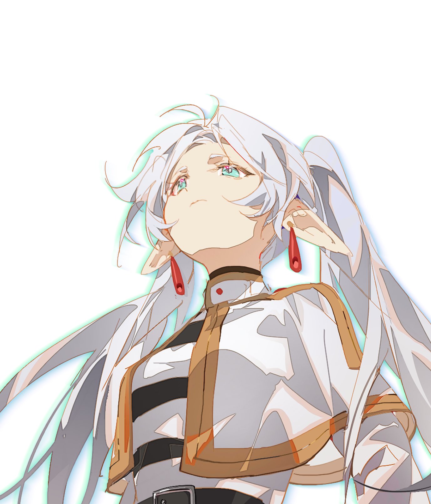indai (3330425), frieren, sousou no frieren, highres, 1girl, breasts, capelet, earrings, elf, green eyes, grey hair, jewelry, long hair, meme, pointy ears, simple background, solo, upper body, upward angle frieren drawing (meme), white background, white capelet